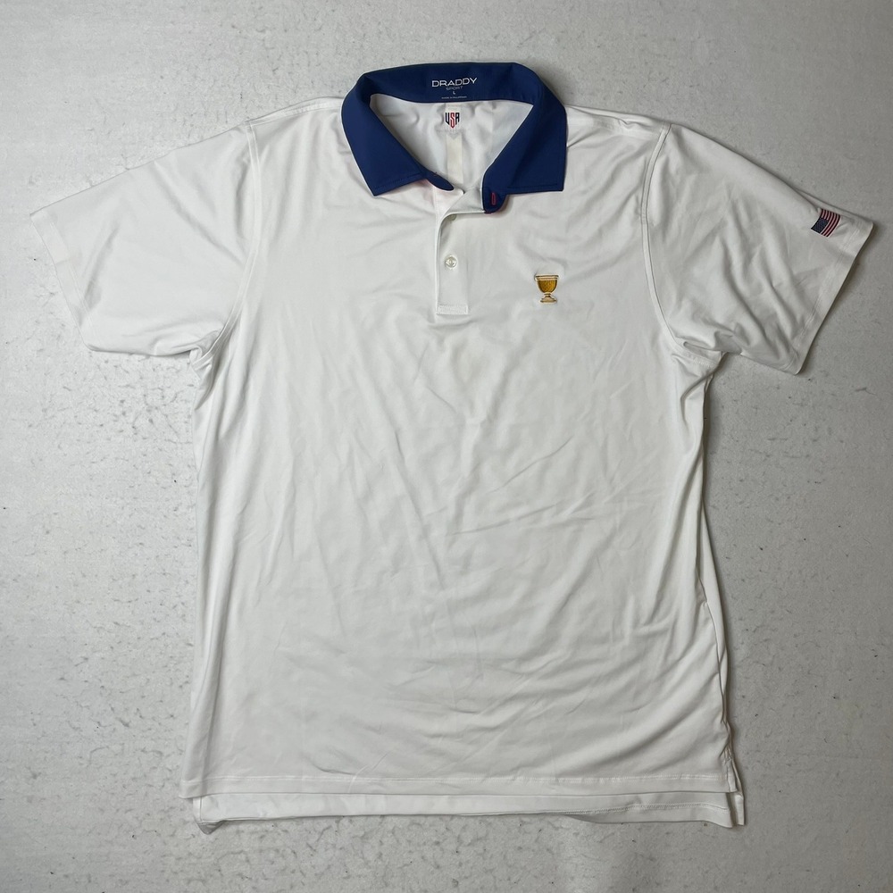 DRADDY‎ SPORT USA Presidents Cup Golf Polo Shirt Mens Size L White Blue Trim